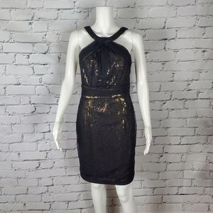Theia Black Tulle And Gold Sequin Dress